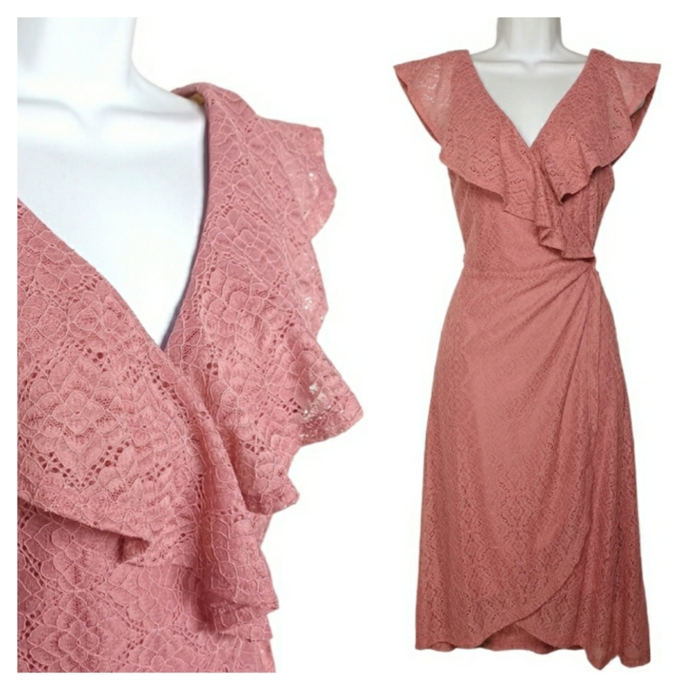 CHARLOTTE RUSSE Pink Lace Ruffle Sleeveless Wrap Medium Dress NWT